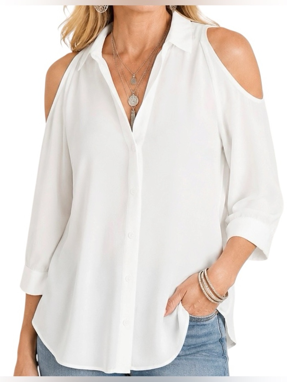 Chico’s White Cold Shoulder Button Blouse 3/4 Sleeve Flowy Top Size L (2)